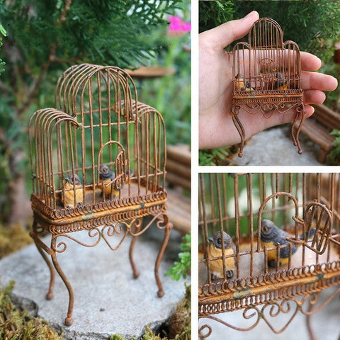 Fairy Garden Furniture and Decor Set with Miniature Villa and Rustic Birdcage